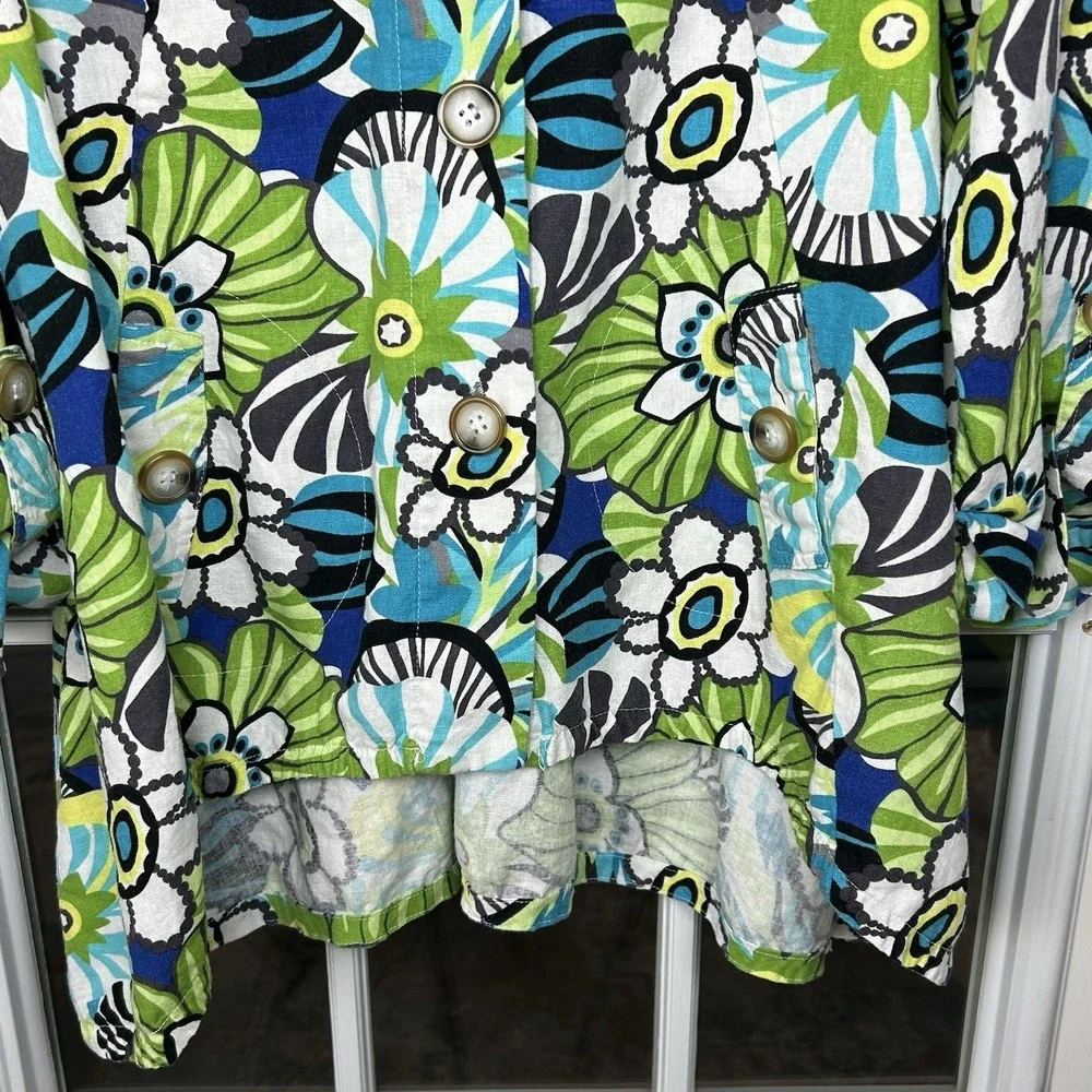 For Cynthia Linen Blend Floral Print Button Down Top Roll Tab Cuff Tunic Size L‎